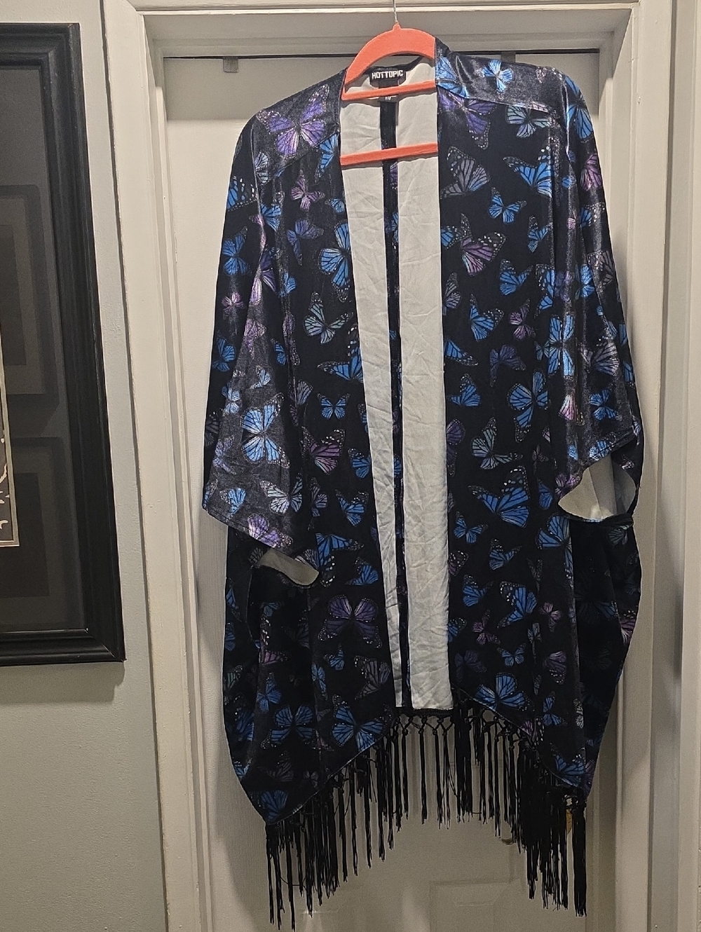 Hot Topic Black Kimono Jacket with Blue & Purple Butterfly Print